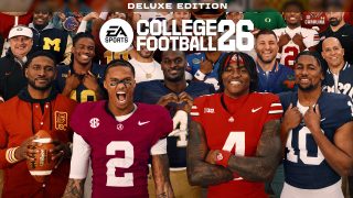 Image of various College Football athletes, coaches, mascots, cheerleaders and fans posing for the shot